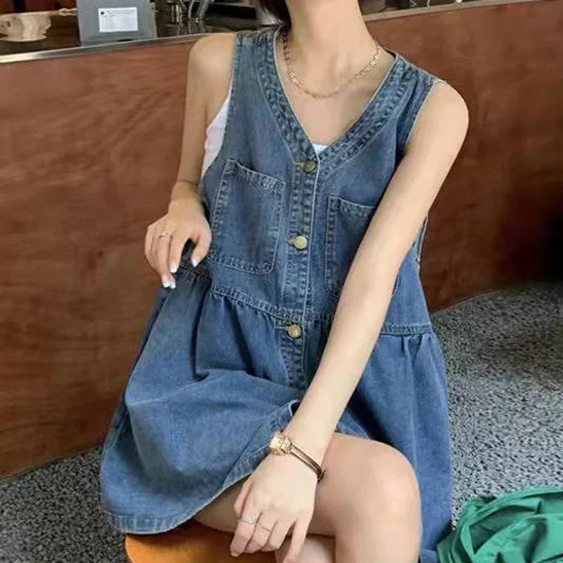 Denim Jurk met Schouderbandjes Blauw