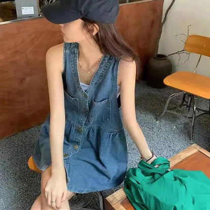 Denim Jurk met Schouderbandjes Blauw
