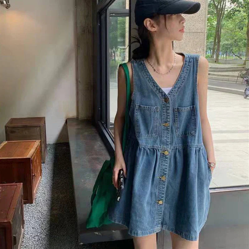 Denim Jurk met Schouderbandjes Blauw