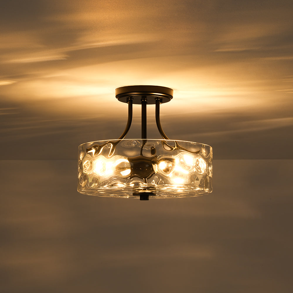 Glazen Plafondlamp Drum Messing 30cm 2 Lichts Gehamerd Glas Woonkamer Eetkamer Semi Flush Mount Badkamer Entree Hal Slaapkamer
