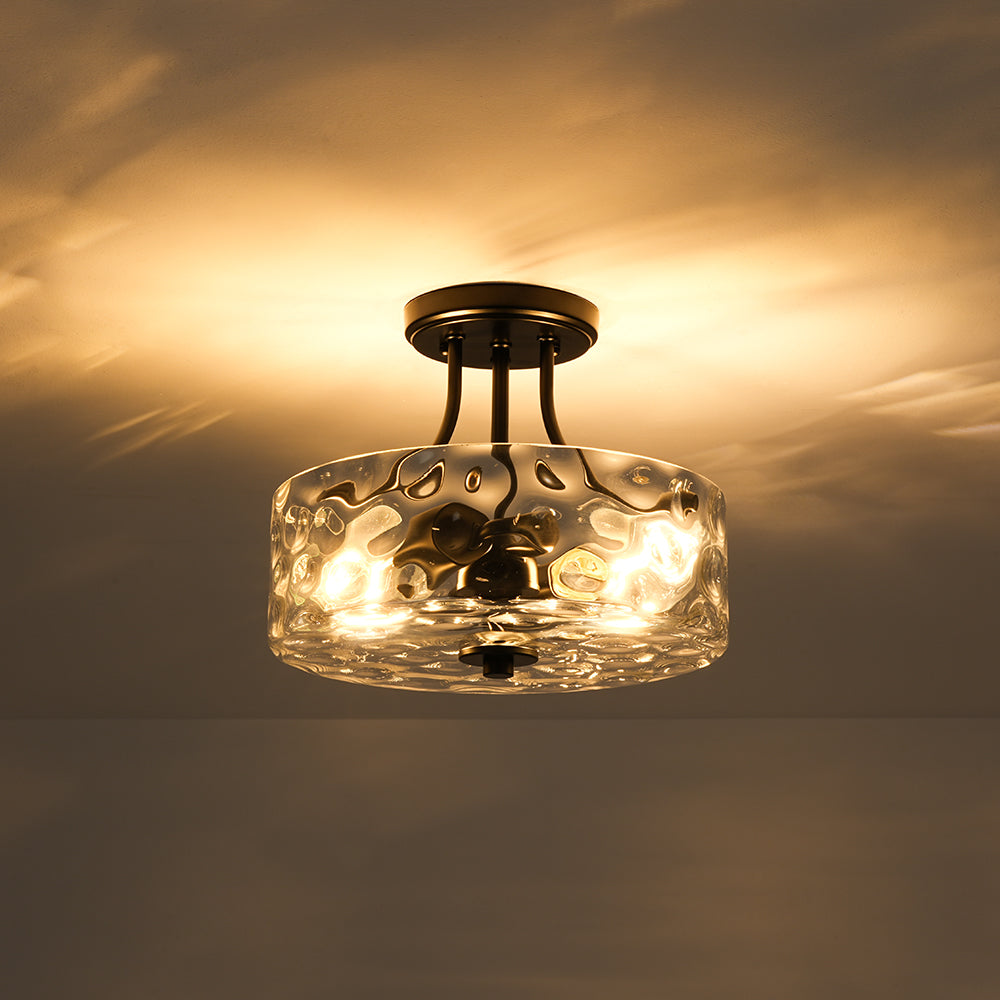 Glazen Plafondlamp Drum Messing 30cm 2 Lichts Gehamerd Glas Woonkamer Eetkamer Semi Flush Mount Badkamer Entree Hal Slaapkamer