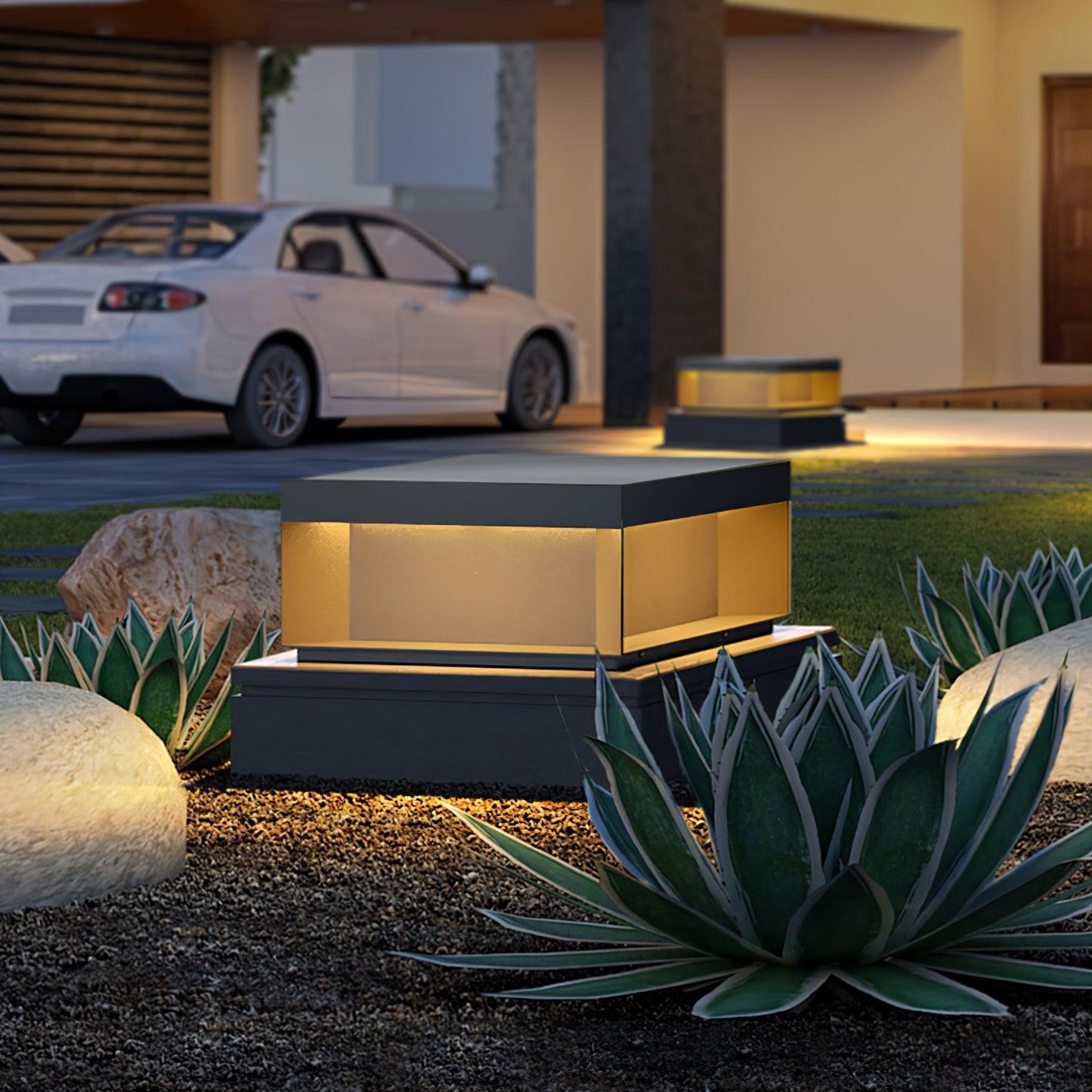 Buiten Tuinlamp Vierkant — Waterdicht IP65 Sokkel Verlichting Zwart Metaal & Matglas — 20×20×10 cm / 30×30×15 cm / 40×40×20 cm / 50×50×35 cm — Solarpaneel of Netaansluiting — 3000K/4000K/6000K — Oprit, Terras, Pad & Hek