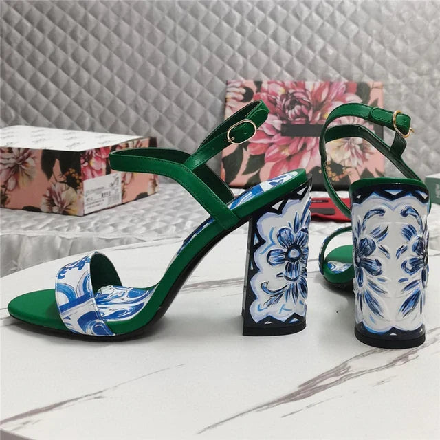 Blauw Wit Sandalen Porselein Print Zomer Stijl