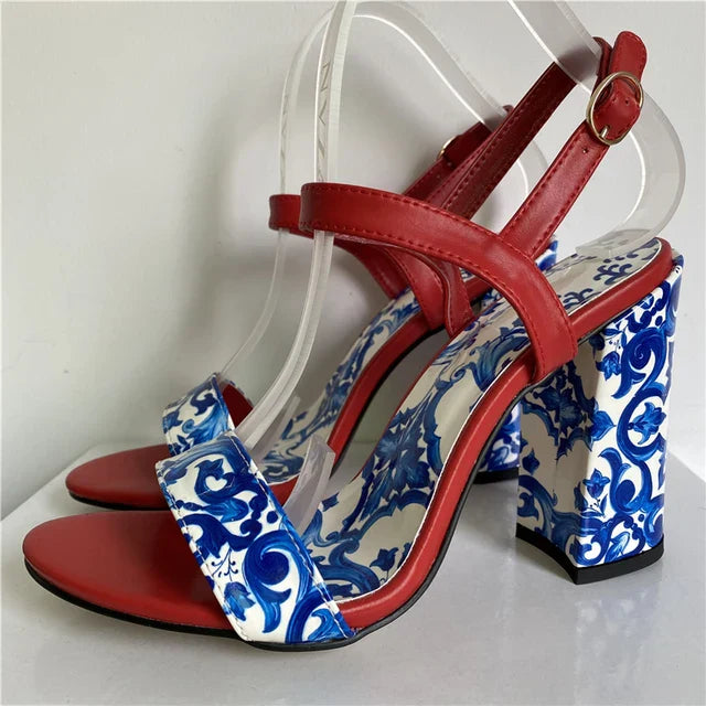Blauw Wit Sandalen Porselein Print Zomer Stijl - StudioMarella