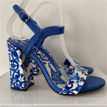 Blauw Wit Sandalen Porselein Print Zomer Stijl