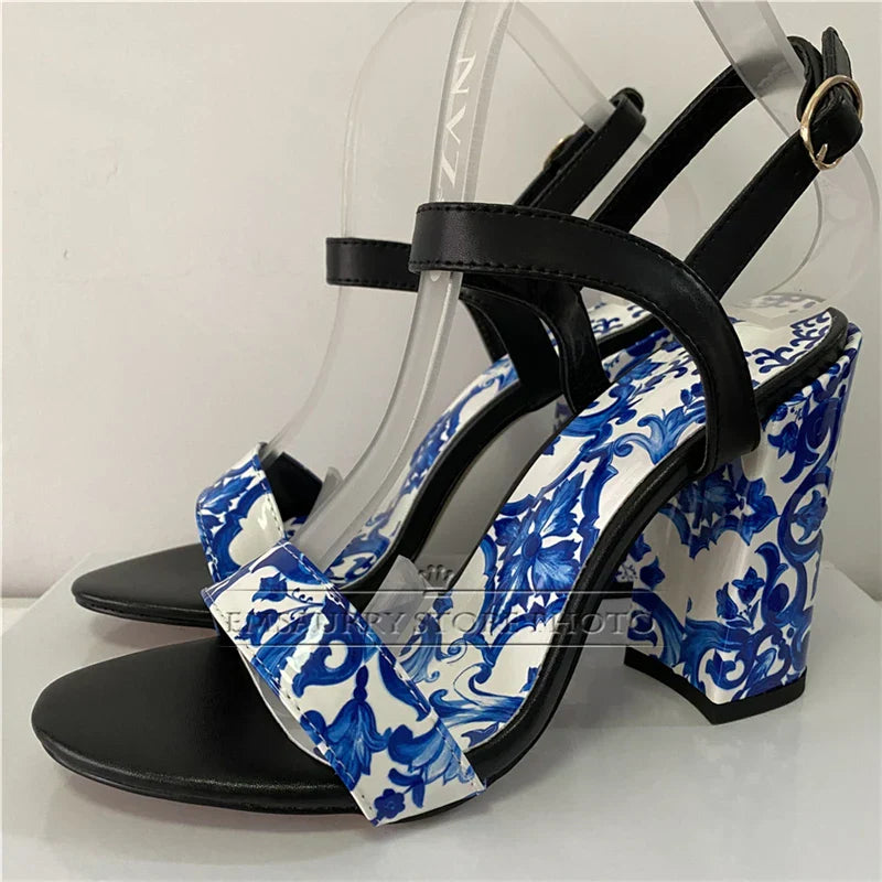 Blauw Wit Sandalen Porselein Print Zomer Stijl