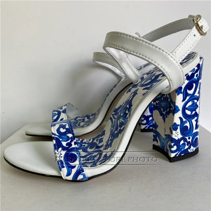 Blauw Wit Sandalen Porselein Print Zomer Stijl