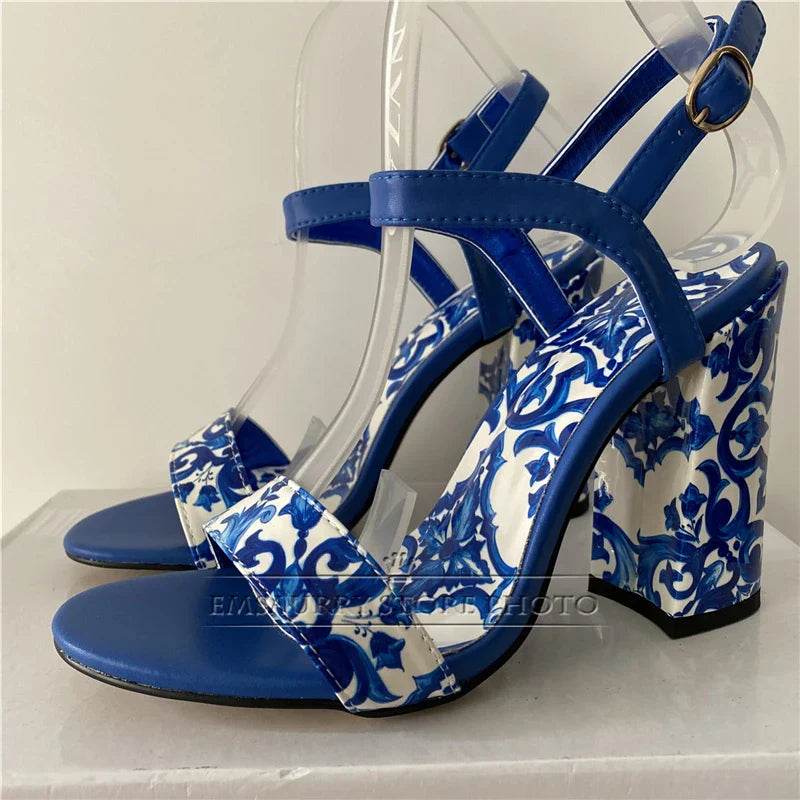 Blauw Wit Sandalen Porselein Print Zomer Stijl