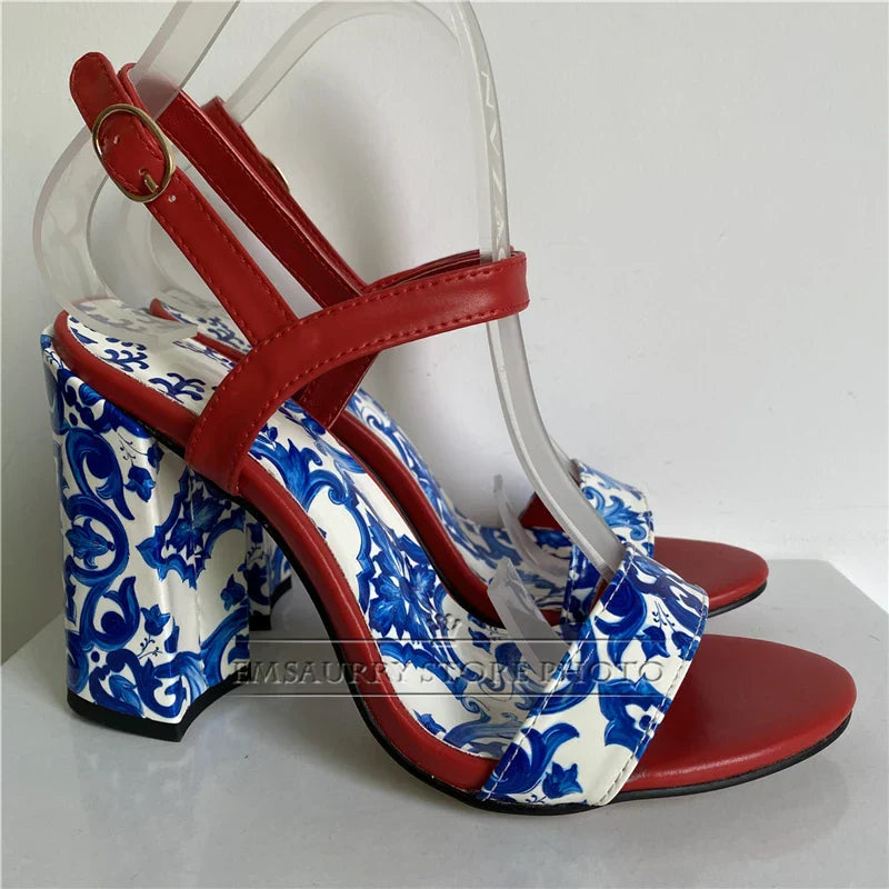 Blauw Wit Sandalen Porselein Print Zomer Stijl