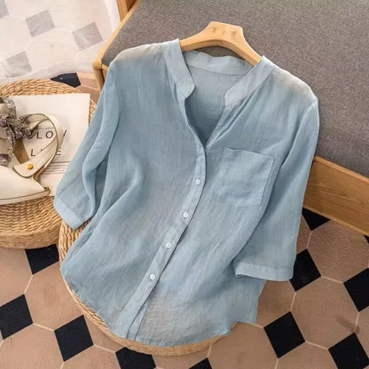 Dames Blouse Katoen Lichte Kleur V-Hals Stijlvol
