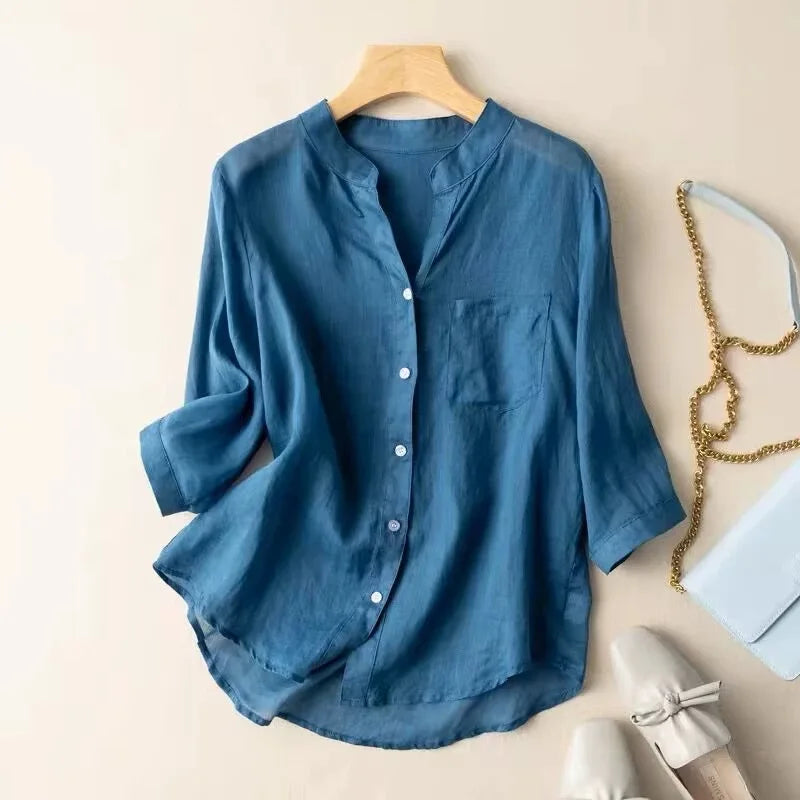Dames Blouse Katoen Lichte Kleur V-Hals Stijlvol