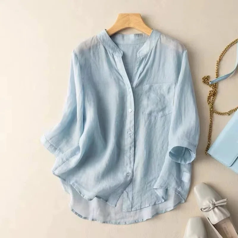 Dames Blouse Katoen Lichte Kleur V-Hals Stijlvol