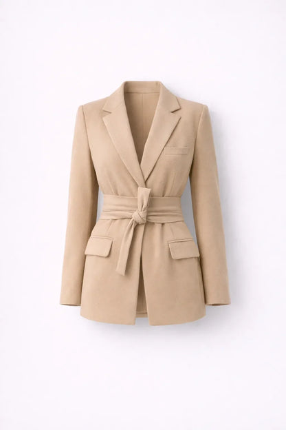 Blazer met strikceintuur en diepe v-hals