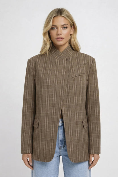 Dames Blazer Oversized Ruitpatroon Chique Opstaande Kraag
