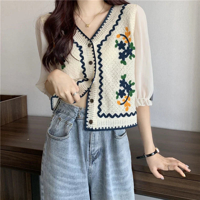 Bloes Zomerse Bloemenprint Haakwerk Blouse voor Vrouw