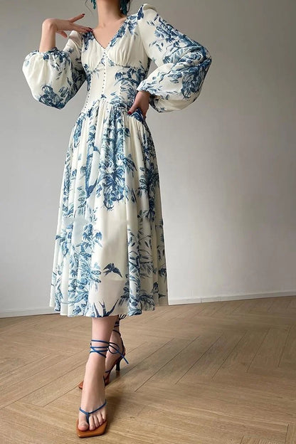 Jurk Met Bloemenprint en Lantaarnmouwen Vrouwelijk Elegant