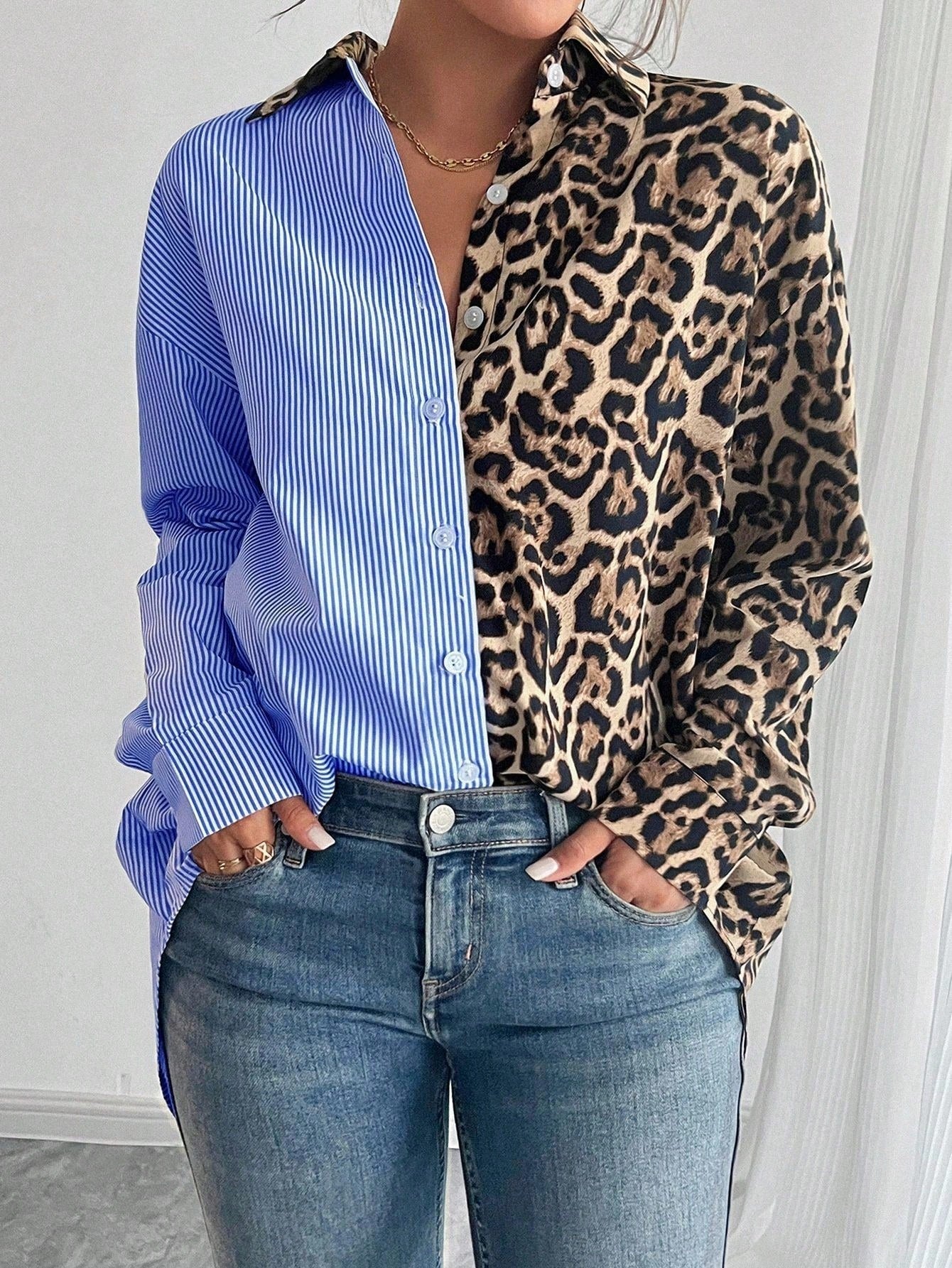 Vrouwelijke Blouse met Lange Mouwen en Colorblock Patronen - StudioMarella