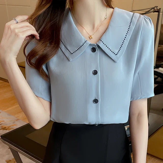 Vrouwelijke Zomer Blouse Korte Mouwen Wit Chiffon - StudioMarella
