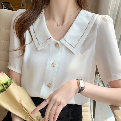Vrouwelijke Zomer Blouse Korte Mouwen Wit Chiffon
