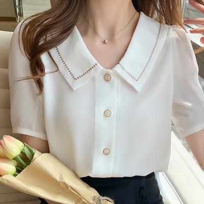 Vrouwelijke Zomer Blouse Korte Mouwen Wit Chiffon