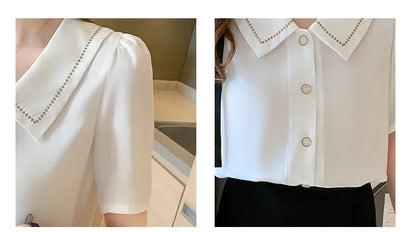 Vrouwelijke Zomer Blouse Korte Mouwen Wit Chiffon