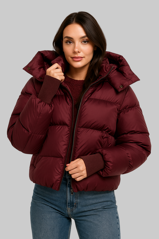 Damesjas Lichtgewicht Gewatteerd Capuchon Bordeaux Rood - StudioMarella