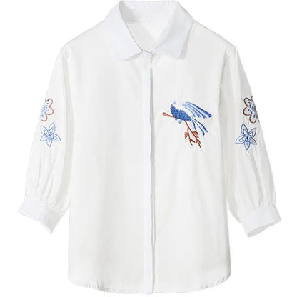 Vrouwelijke Geborduurde Blouse Driekwart Mouwen Elegant Design - StudioMarella
