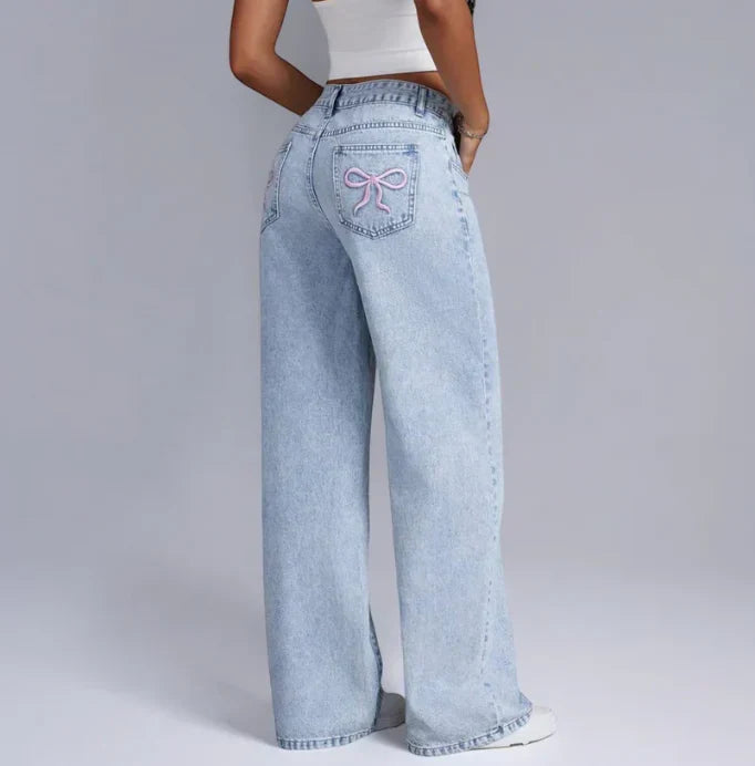 Dahna Jeans | Wijde Denim Broek met Roze Strikdetails