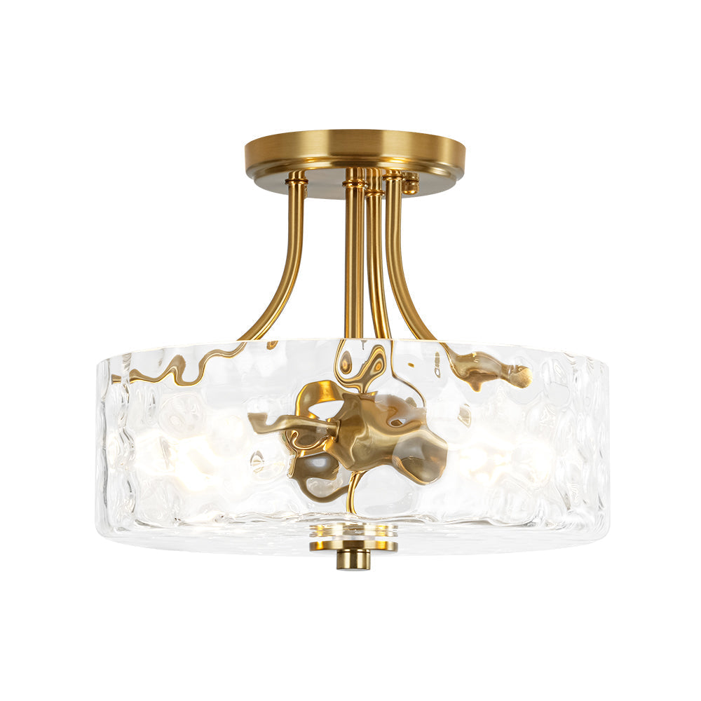 Glazen Plafondlamp Drum Messing 30cm 2 Lichts Gehamerd Glas Woonkamer Eetkamer Semi Flush Mount Badkamer Entree Hal Slaapkamer