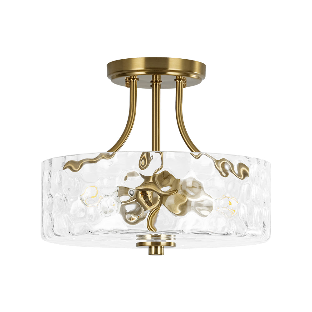 Glazen Plafondlamp Drum Messing 30cm 2 Lichts Gehamerd Glas Woonkamer Eetkamer Semi Flush Mount Badkamer Entree Hal Slaapkamer