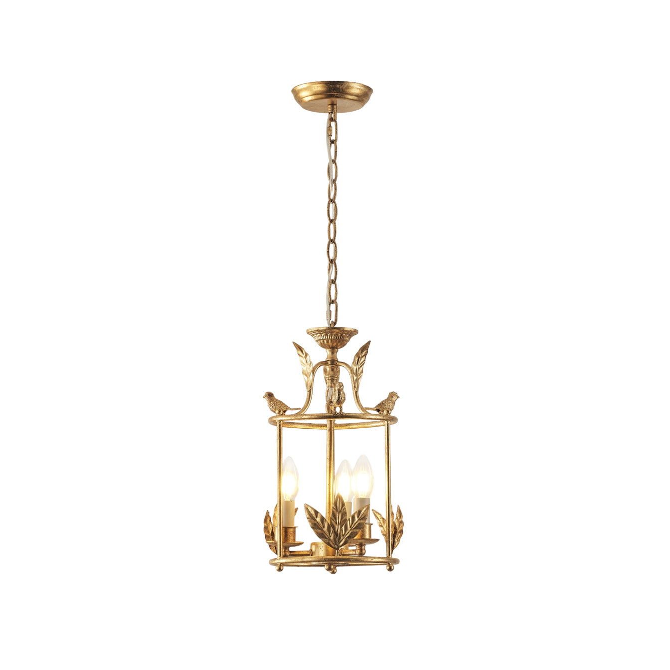 Barok Lantaarn Hanglamp met Vogel- en Bladdetails – Klassieke 3-Lichts Plafondlamp in Goud of Brons