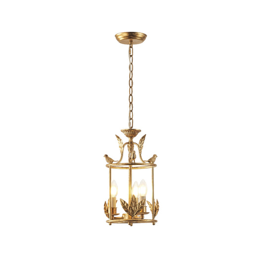 Barok Lantaarn Hanglamp met Vogel- en Bladdetails – Klassieke 3-Lichts Plafondlamp in Goud of Brons