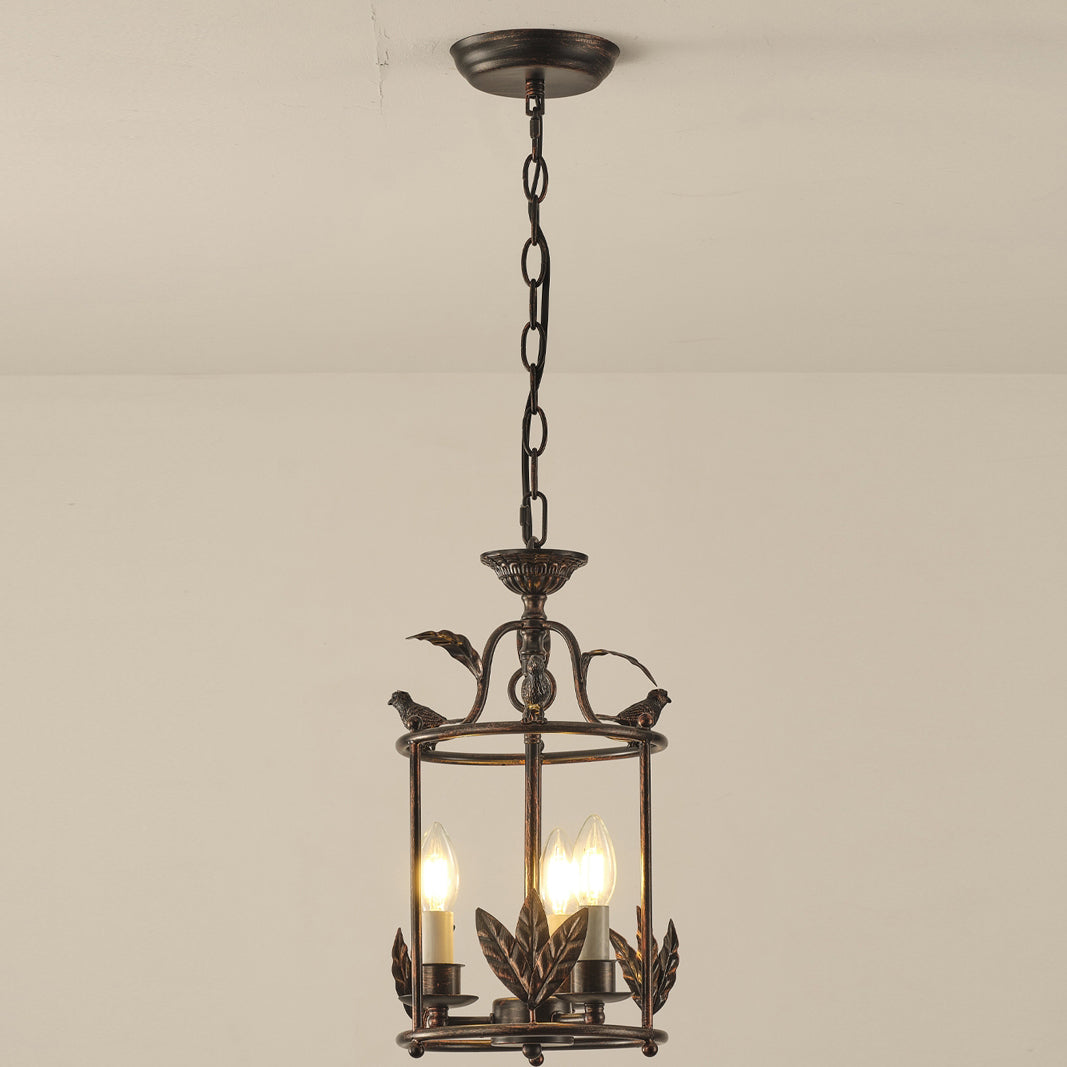 Barok Lantaarn Hanglamp met Vogel- en Bladdetails – Klassieke 3-Lichts Plafondlamp in Goud of Brons