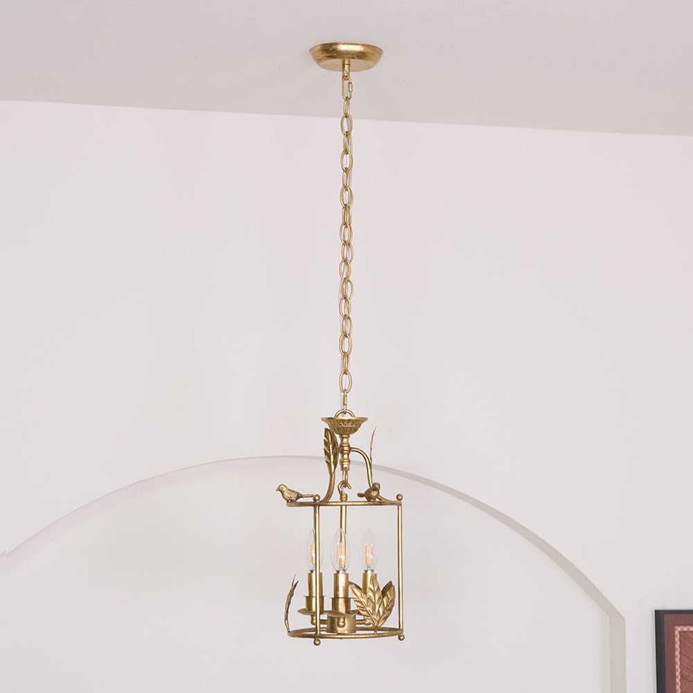 Barok Lantaarn Hanglamp met Vogel- en Bladdetails – Klassieke 3-Lichts Plafondlamp in Goud of Brons