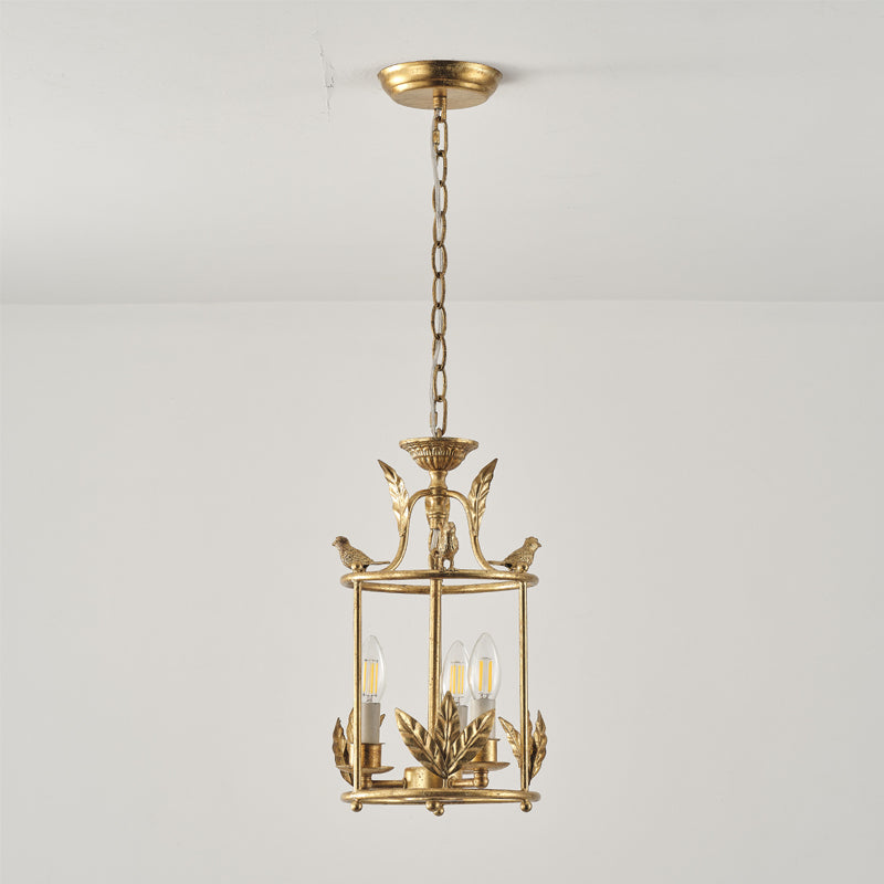 Barok Lantaarn Hanglamp met Vogel- en Bladdetails – Klassieke 3-Lichts Plafondlamp in Goud of Brons