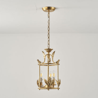 Barok Lantaarn Hanglamp met Vogel- en Bladdetails – Klassieke 3-Lichts Plafondlamp in Goud of Brons