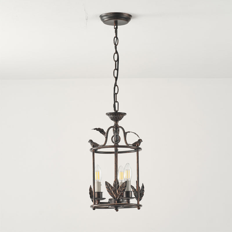 Barok Lantaarn Hanglamp met Vogel- en Bladdetails – Klassieke 3-Lichts Plafondlamp in Goud of Brons