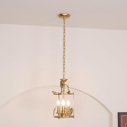 Barok Lantaarn Hanglamp met Vogel- en Bladdetails – Klassieke 3-Lichts Plafondlamp in Goud of Brons