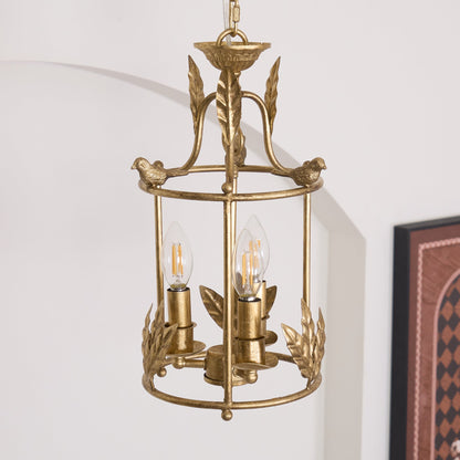 Barok Lantaarn Hanglamp met Vogel- en Bladdetails – Klassieke 3-Lichts Plafondlamp in Goud of Brons