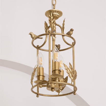 Barok Lantaarn Hanglamp met Vogel- en Bladdetails – Klassieke 3-Lichts Plafondlamp in Goud of Brons
