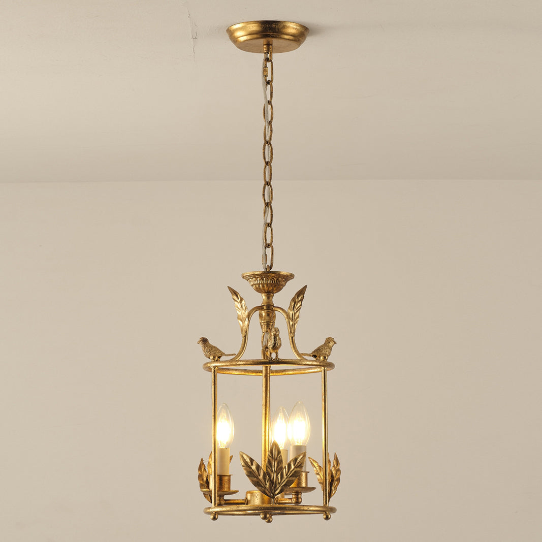 Barok Lantaarn Hanglamp met Vogel- en Bladdetails – Klassieke 3-Lichts Plafondlamp in Goud of Brons