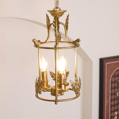 Barok Lantaarn Hanglamp met Vogel- en Bladdetails – Klassieke 3-Lichts Plafondlamp in Goud of Brons