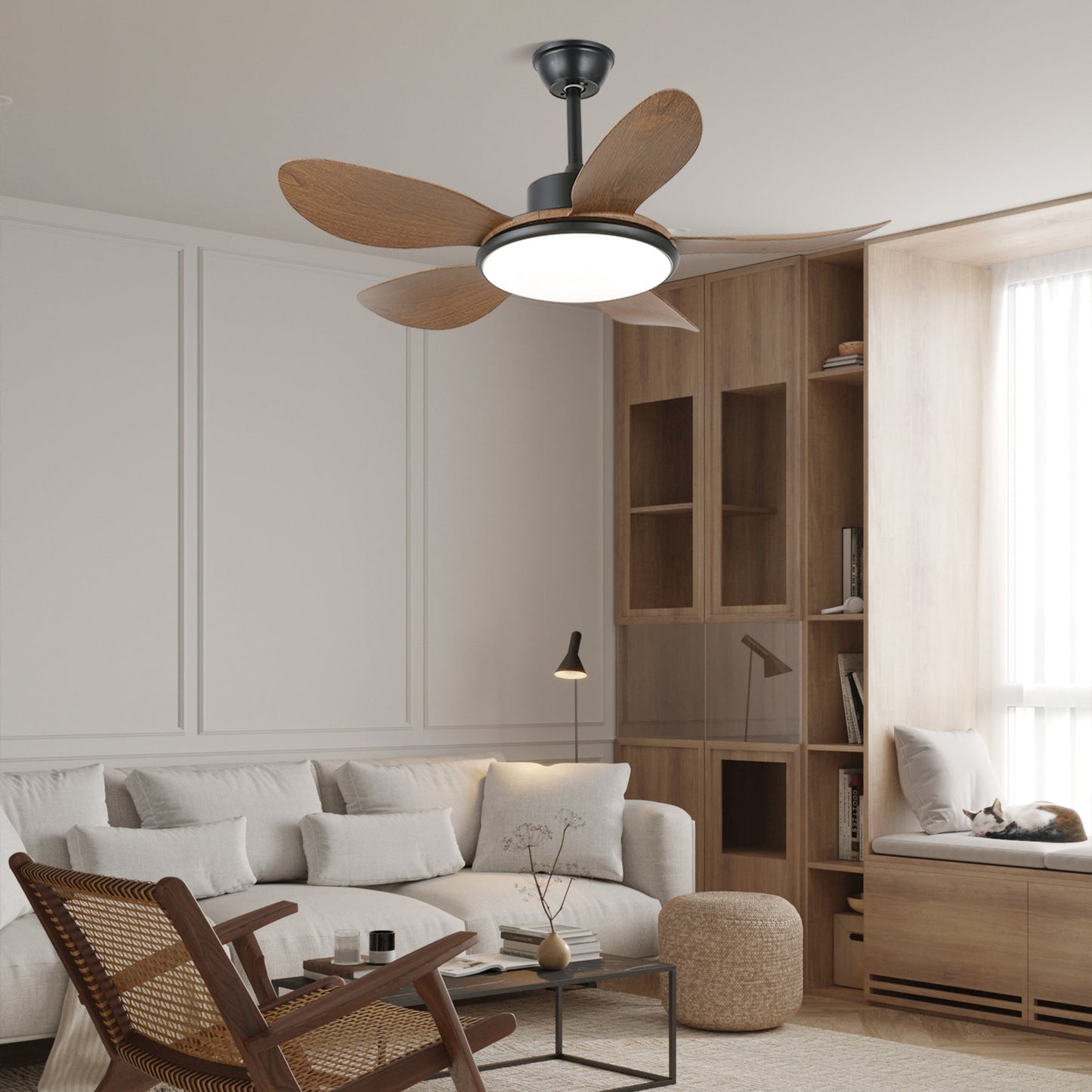 Plafondventilator met LED-verlichting en afstandsbediening | Scandinavisch design met houtnerf afwerking