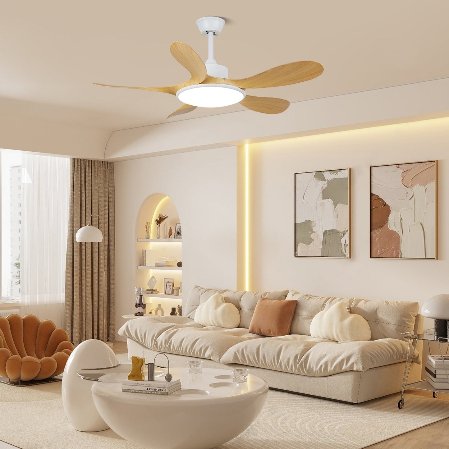 Plafondventilator met LED-verlichting en afstandsbediening | Scandinavisch design met houtnerf afwerking