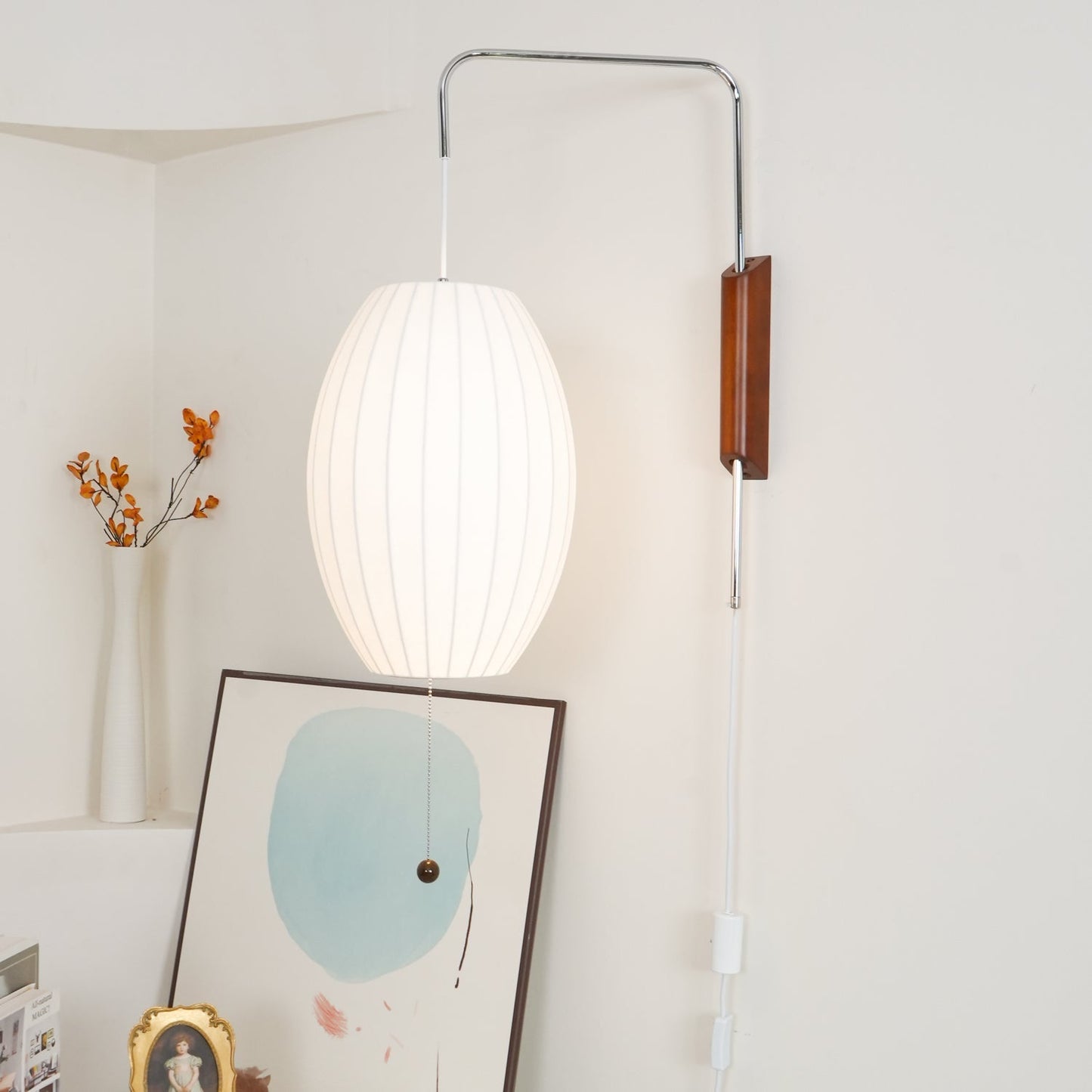 Wandlamp Zijden Kap Walnoot Metaal Wit Woonkamer Slaapkamer