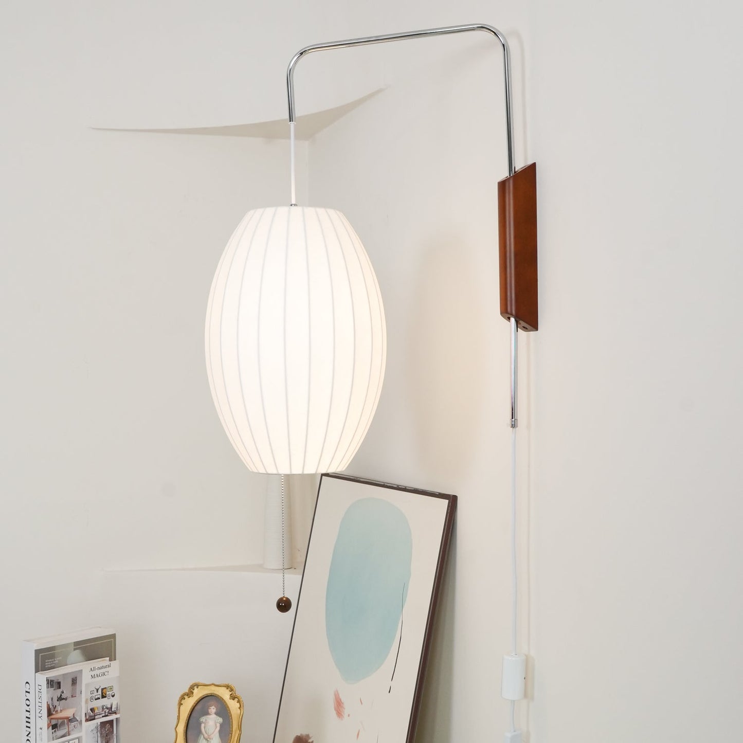 Wandlamp Zijden Kap Walnoot Metaal Wit Woonkamer Slaapkamer