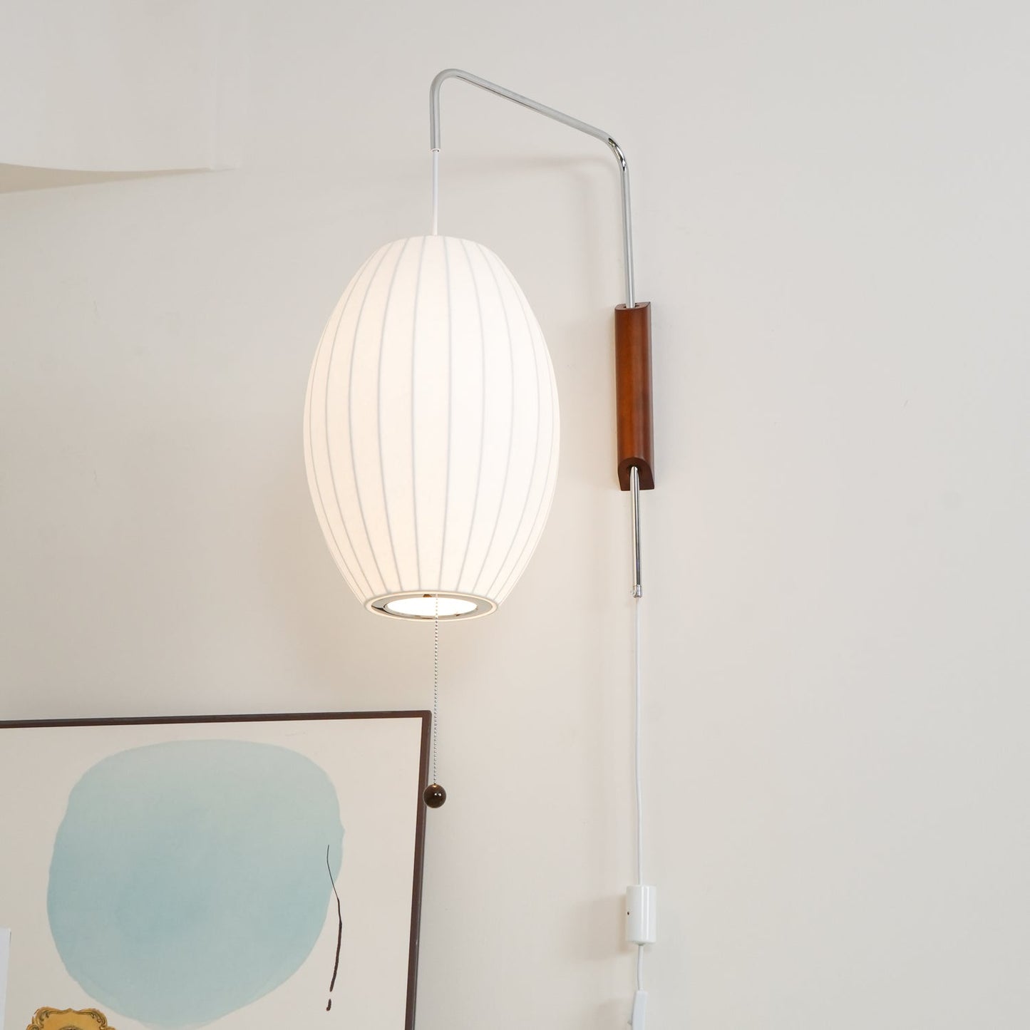 Wandlamp Zijden Kap Walnoot Metaal Wit Woonkamer Slaapkamer