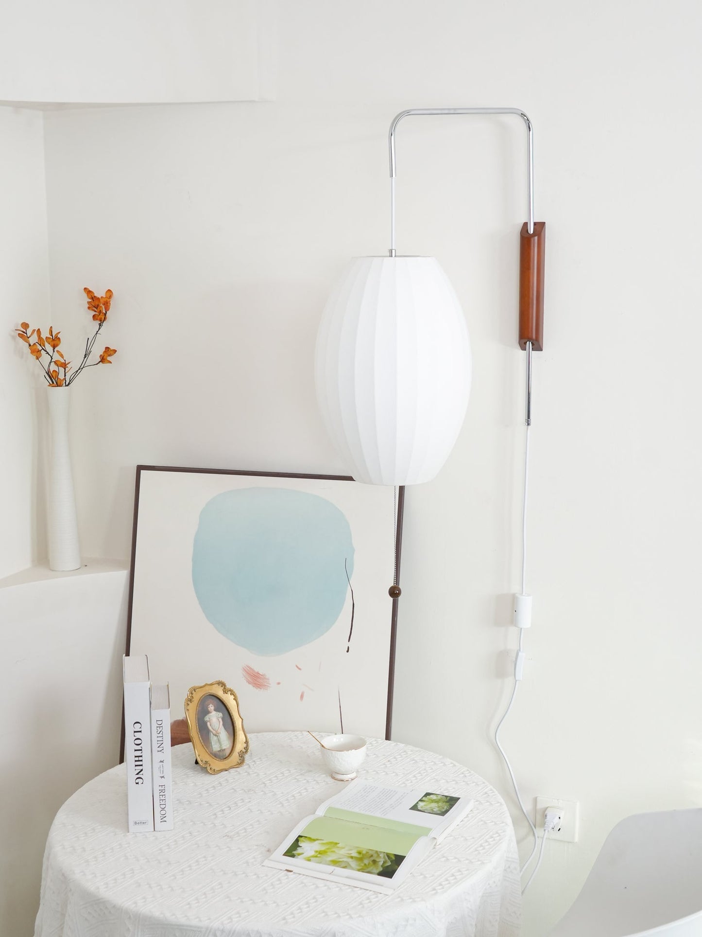 Wandlamp Zijden Kap Walnoot Metaal Wit Woonkamer Slaapkamer