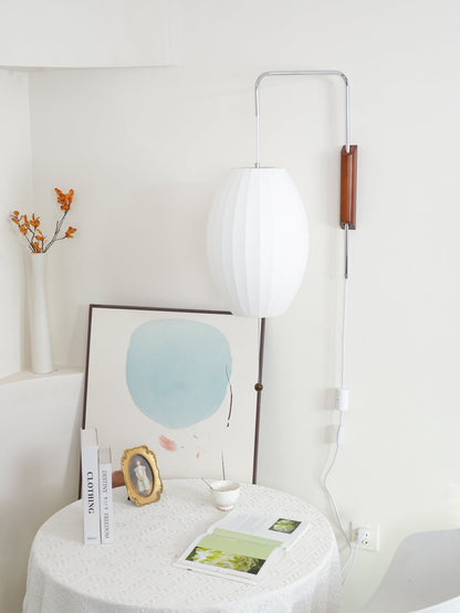 Wandlamp Zijden Kap Walnoot Metaal Wit Woonkamer Slaapkamer