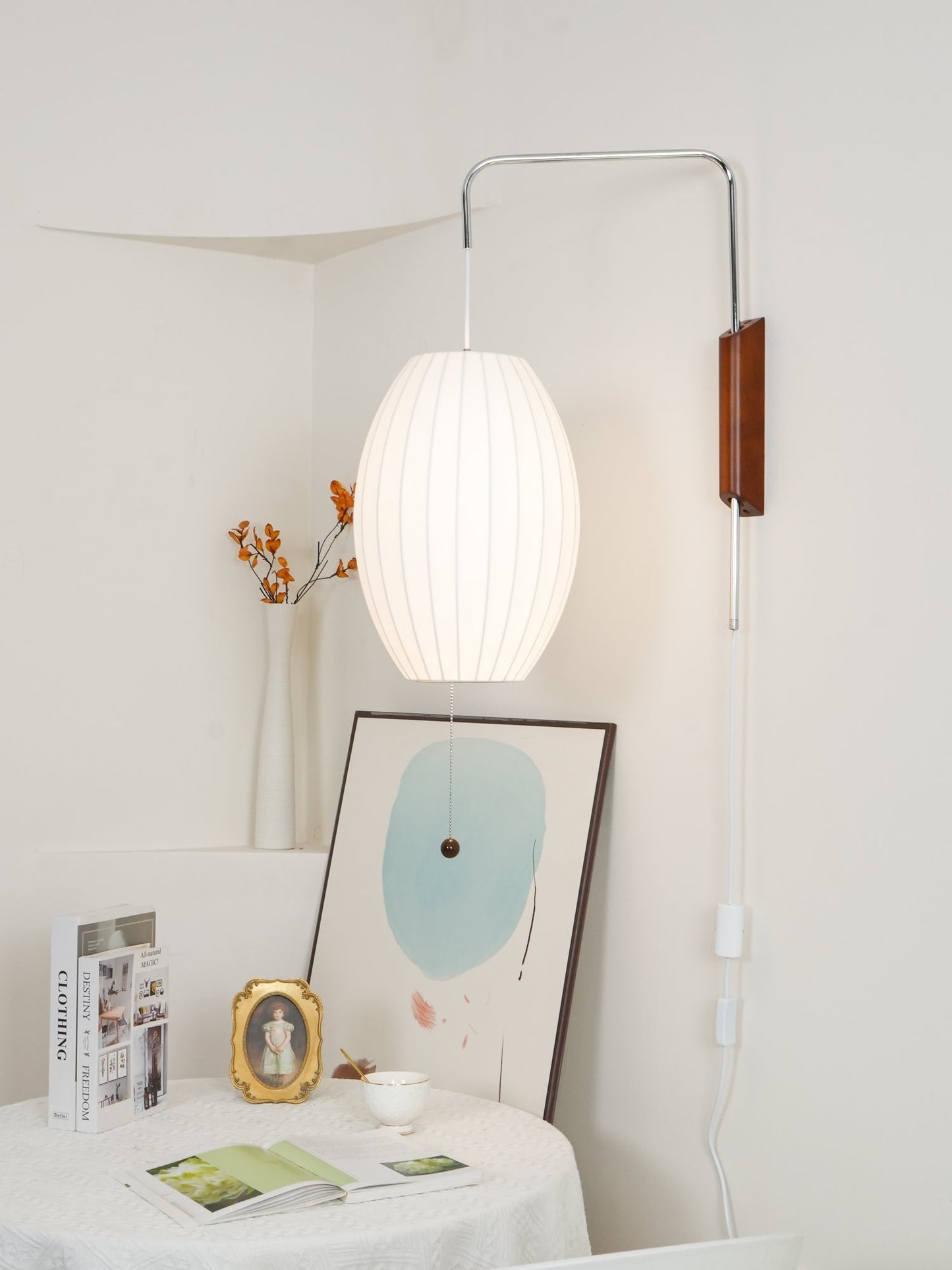Wandlamp Zijden Kap Walnoot Metaal Wit Woonkamer Slaapkamer